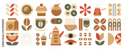 Vector set of geometric bauhaus coffee minimalist elements. Abstract minimal leaves, natural organic plants, beans, drink cup, pot, sweet bakery for restaurant cover design, food package or cafe menu