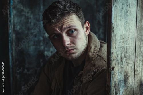 A person wearing a brown jacket looks directly at the camera