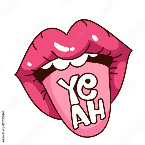Groovy cartoon pink lips with tongue and Yeah text. Funny retro open mouth of woman saying Yes. Feminism mascot, cartoon emoji of tongue hanging out, sticker of 70s 80s style vector illustration