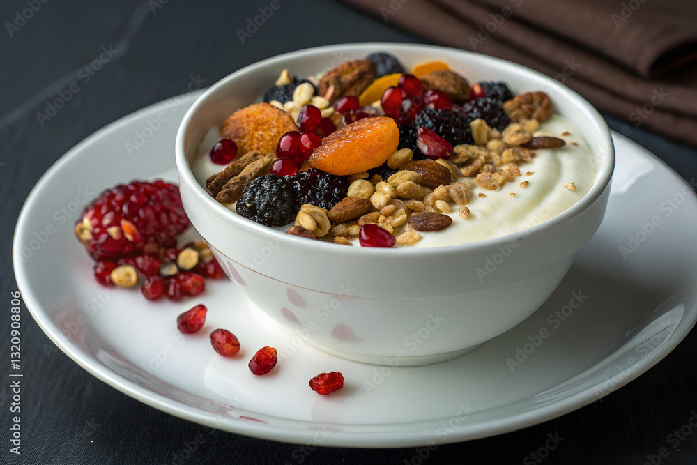 A close-up shot of creamy yogurt bowl with vibrant toppings on white ceramic plate A close-up shot of creamy yogurt bowl with vibrant toppings on white ceramic plate