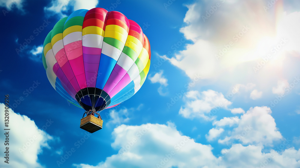 Fototapeta premium Colorful hot air balloon soaring through a bright blue sky with fluffy white clouds, perfect for travel advertisements, inspirational posters, and adventure-themed marketing campaigns