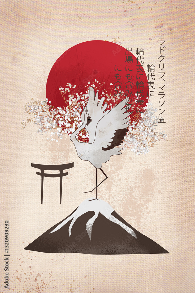 Fototapeta premium Composite image artwork 3D collage of asia traditional national element sun landluage character gate flower bird beak stand mountain fuji