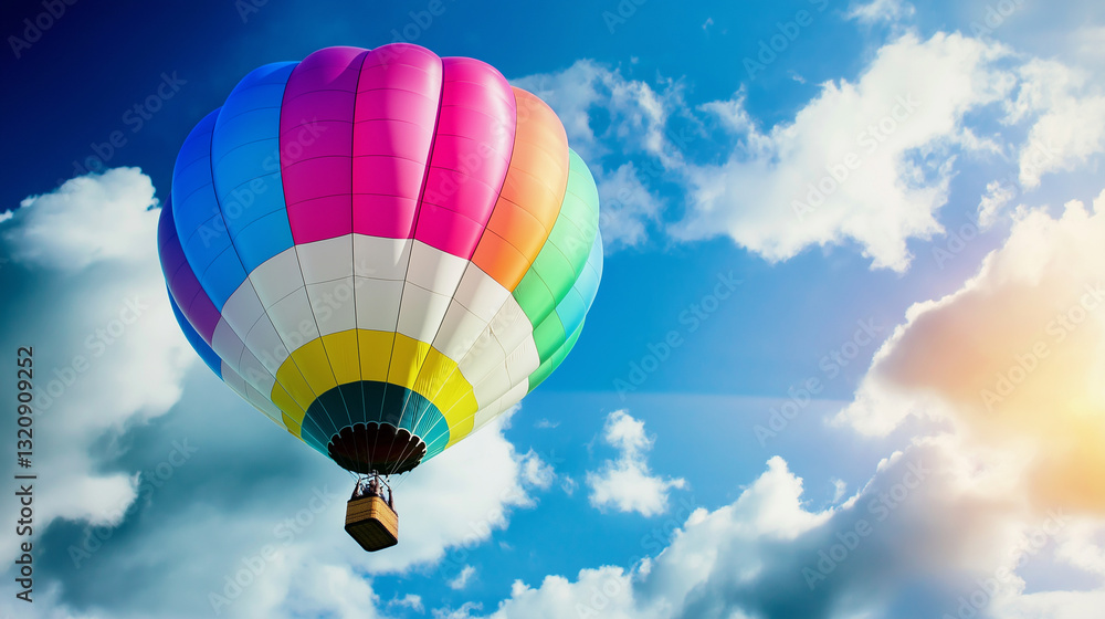 Fototapeta premium Colorful hot air balloon soaring through a bright blue sky with fluffy white clouds, perfect for travel advertisements, inspirational posters, and adventure-themed marketing campaigns