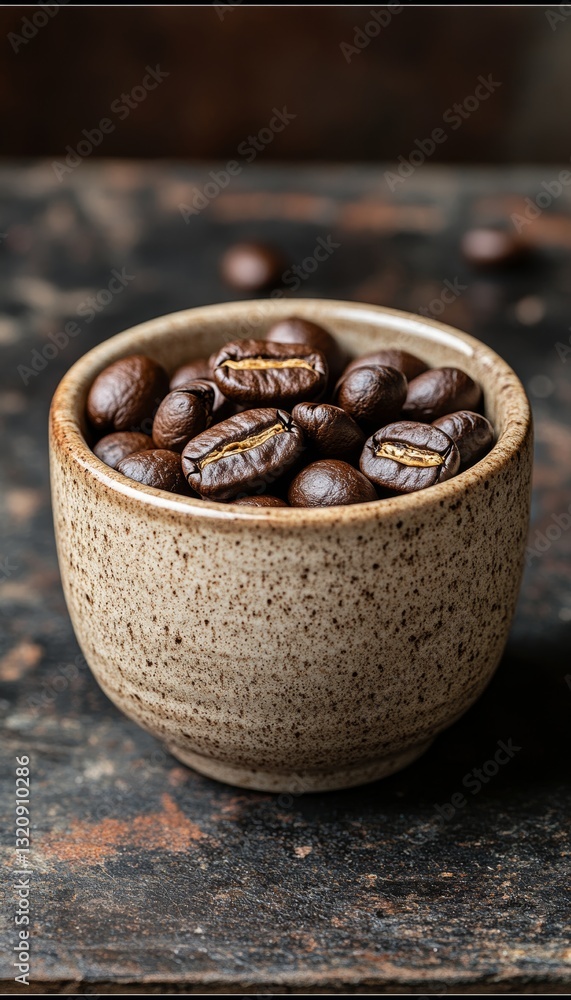 Aromatic Coffee Beans in Rustic Bowl. Fresh Roasted Caffeine Ingredient Delicious, Macro View. Aromatic Coffee Beans in Rustic Bowl. Fresh Roasted Caffeine Ingredient Delicious, Macro View.