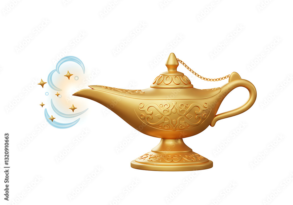 Enchanted Golden Lamp: A 3D Render of a Magical Aladdin's Wish-Granting Oil Lamp with Sparkling Genie Smoke Enchanted Golden Lamp: A 3D Render of a Magical Aladdin's Wish-Granting Oil Lamp with Sparkling Genie Smoke