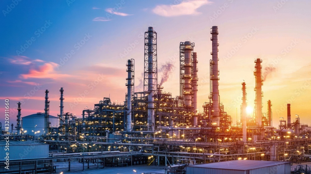 Fototapeta premium Majestic Industrial Sunset: Oil Refinery at Dusk