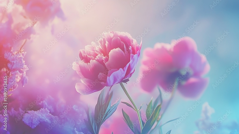 Beautiful pink peonies blooming in soft colors against the sky Beautiful pink peonies blooming in soft colors against the sky