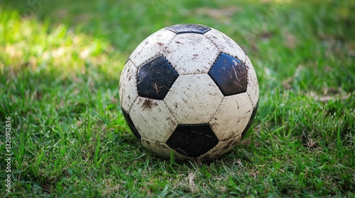 Muddy Soccer Ball on Lush Green Grass photo