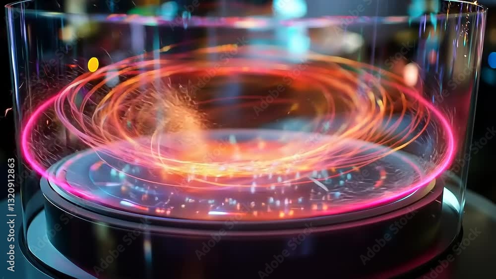 Futuristic display case with swirling light patterns Futuristic display case with swirling light patterns