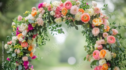 Floral arch composed of lush greenery and various flowers creating a stunning focal point. Perfect setting for events, weddings, or photo opportunities.