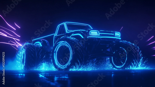 Neon Monster Truck Futuristic 3D Render with Glowing Outlines and Dynamic Light Trails.