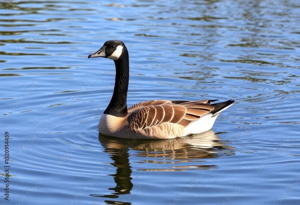 Obraz premium A single goose glides serenely on calm canal water, sunlight reflecting on its feathers, canal, feathers