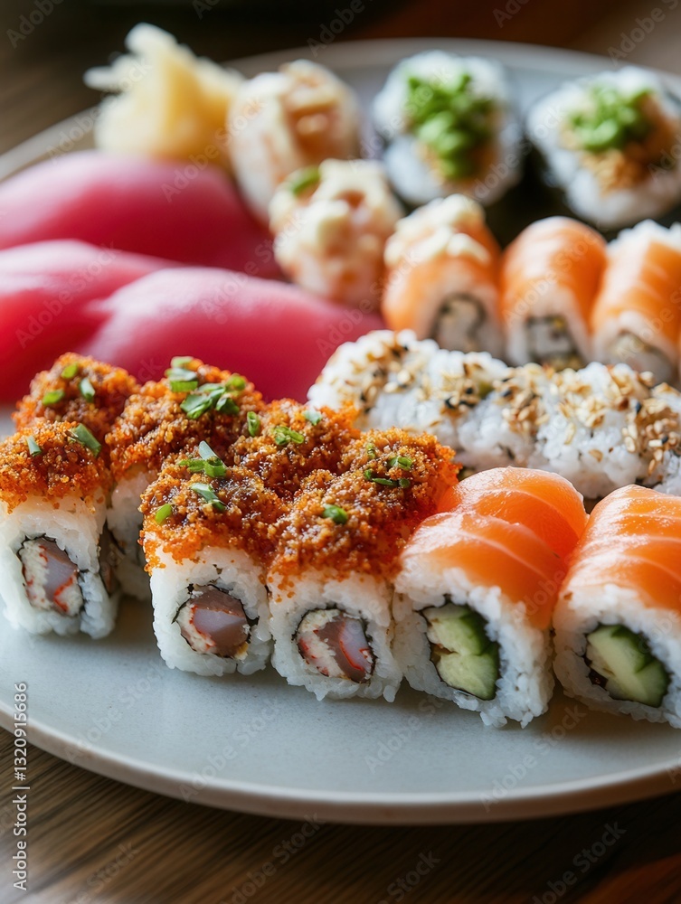 Sushi plate showcasing various rolls and nigiri with spicy tuna as the centerpiece on a wooden table Sushi plate showcasing various rolls and nigiri with spicy tuna as the centerpiece on a wooden table