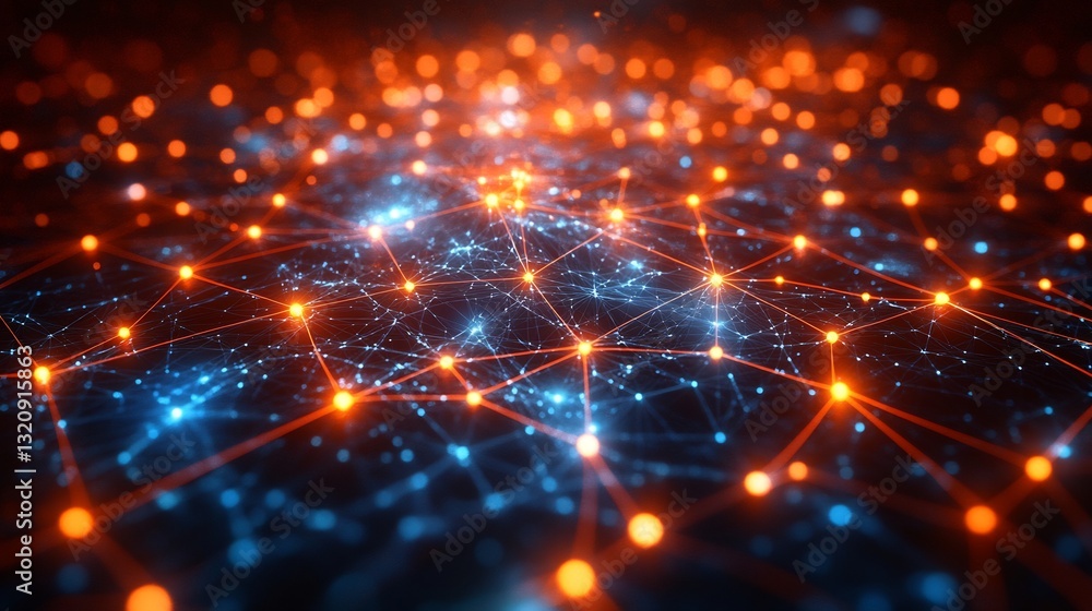Intricate network glowing brightly with vibrant orange and blue nodes. AI Generated Intricate network glowing brightly with vibrant orange and blue nodes. AI Generated