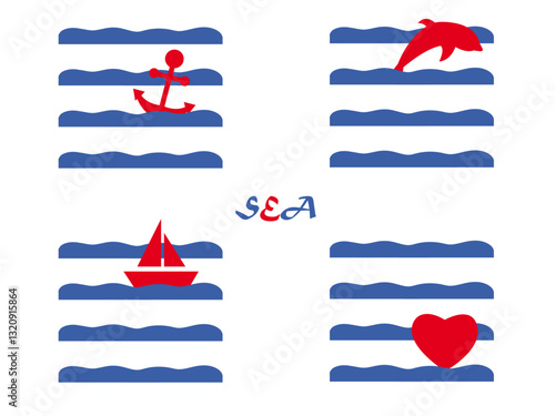 Conjunto marino en rojo y azul. Las olas del mar con ancla, delfín, barco velero y corazón.
