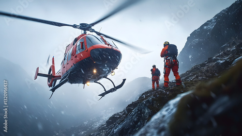 Mountain rescue helicopter landing, rescuers on a snowy slope