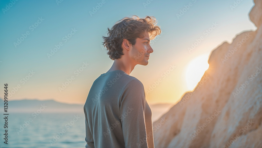 Fototapeta premium Man Enjoying Scenic Ocean Sunset View