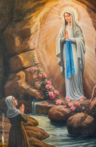 L’Escarène, FRANCE - 03-05-2025: Painting (19th century) of Apparition of the Virgin Mary, Our Lady of Lourdes or Notre Dame de Lourdes to Bernadette Soubirous.