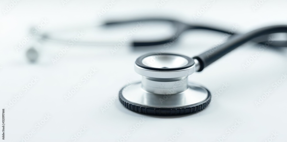 Modern stethoscope, black tubing, clean white background, medical supplies, tool Modern stethoscope, black tubing, clean white background, medical supplies, tool
