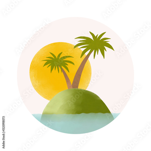 Hand Drawn Tropical Landcape in a Round Frame. Vector Illustration with Palms, Island, Ocean and Sun Isolated on a White Background. Simple Summer Print ideal for Wall Art, Card, Poster. 