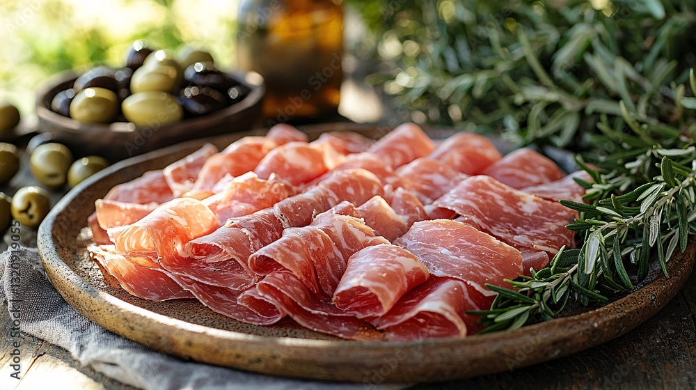 Freshly Sliced Cured Meat with Green Olives and Rosemary Garnish Freshly Sliced Cured Meat with Green Olives and Rosemary Garnish
