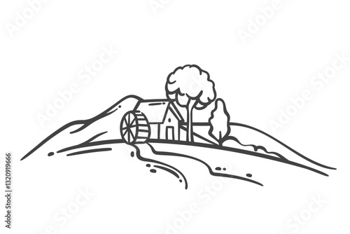 Old water mill on river in summer countryside landscape line icon. Outline hand drawn retro rustic house with wheel. Vintage farm village equipment mascot, medieval water mill icon vector illustration