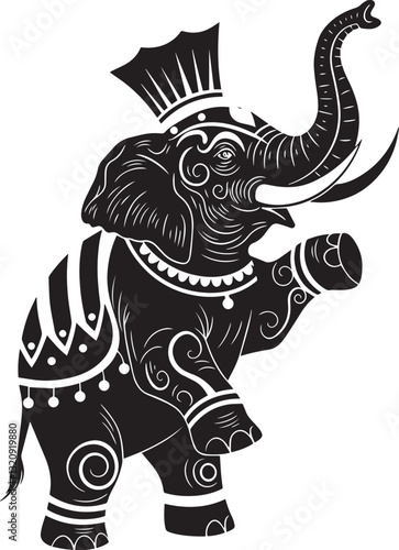 Decorative Elephant Performing on Hind Legs - Intricate Black and White Illustration