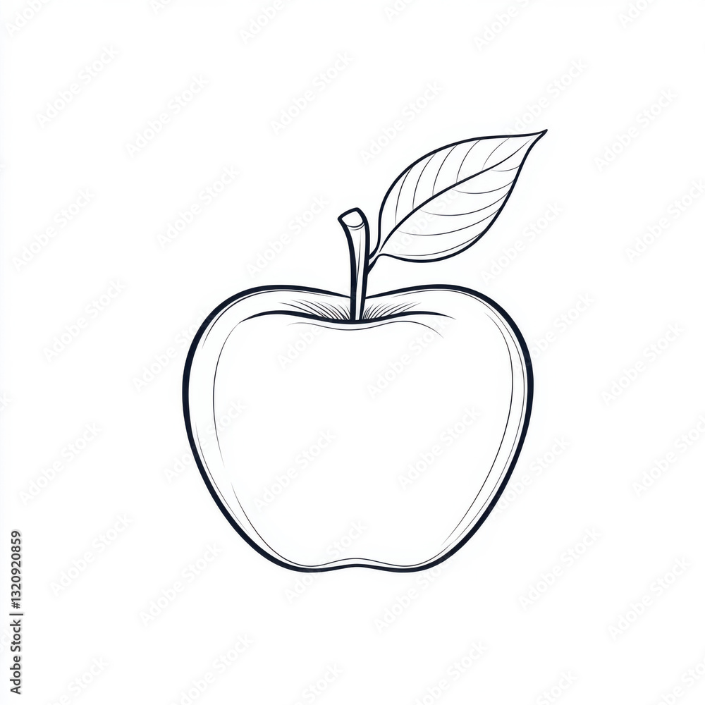 Fototapeta premium A simple, minimalist sketch of an apple with a leaf on a white background. isolated on white background.