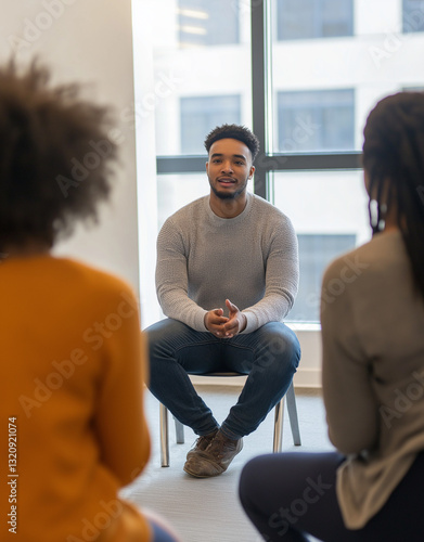 Supportive Alcoholics Anonymous Group Therapy Session – Diverse Individuals Engaged in Meaningful Conversation in a Minimalist Room with Natural Light and Concrete Walls