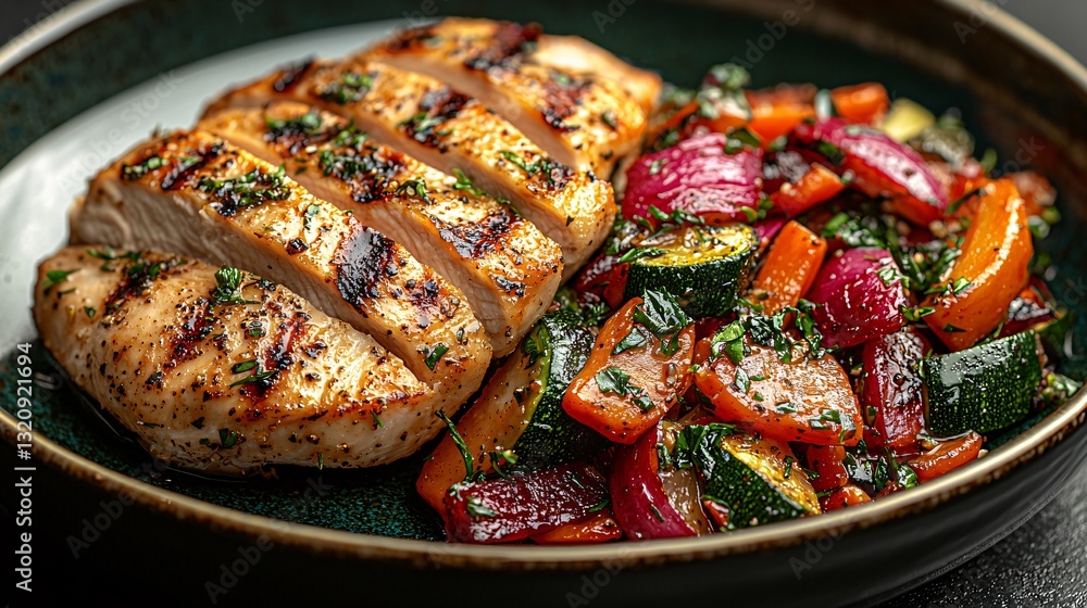 Grilled Chicken Breast with Colorful Vegetable Medley on Plate Grilled Chicken Breast with Colorful Vegetable Medley on Plate