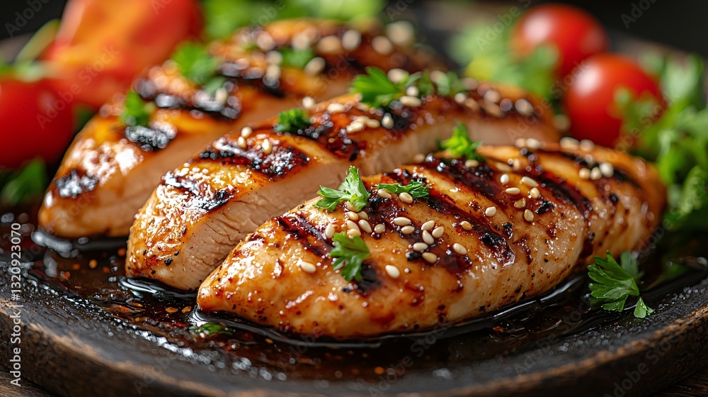 Grilled Chicken Breast with Sauce and Garnish on Dark Plate Grilled Chicken Breast with Sauce and Garnish on Dark Plate
