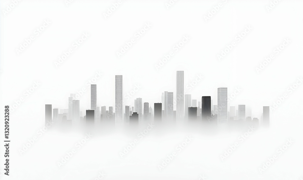 Misty City Skyline in Monochrome with Soft Fog and Subtle Contrast Misty City Skyline in Monochrome with Soft Fog and Subtle Contrast