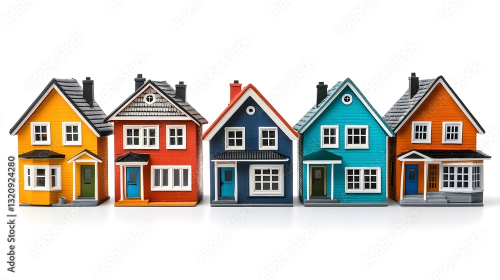 A charming row of colorful houses lined up perfectly against a bright blue sky on a clear day A charming row of colorful houses lined up perfectly against a bright blue sky on a clear day
