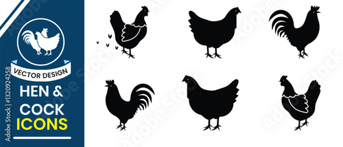 Hen, Rooster icon silhouette isolated on white background. Hen and Cock, poultry vector, icon. Bird vector illustration.