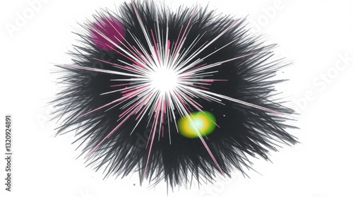 Hand-drawn sketch of a bright lens flare set against an intense jet black background. Random template