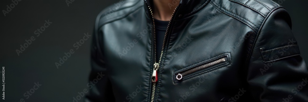 Refined black leather motorcycle jacket, zipper detail , luxury, black Refined black leather motorcycle jacket, zipper detail , luxury, black