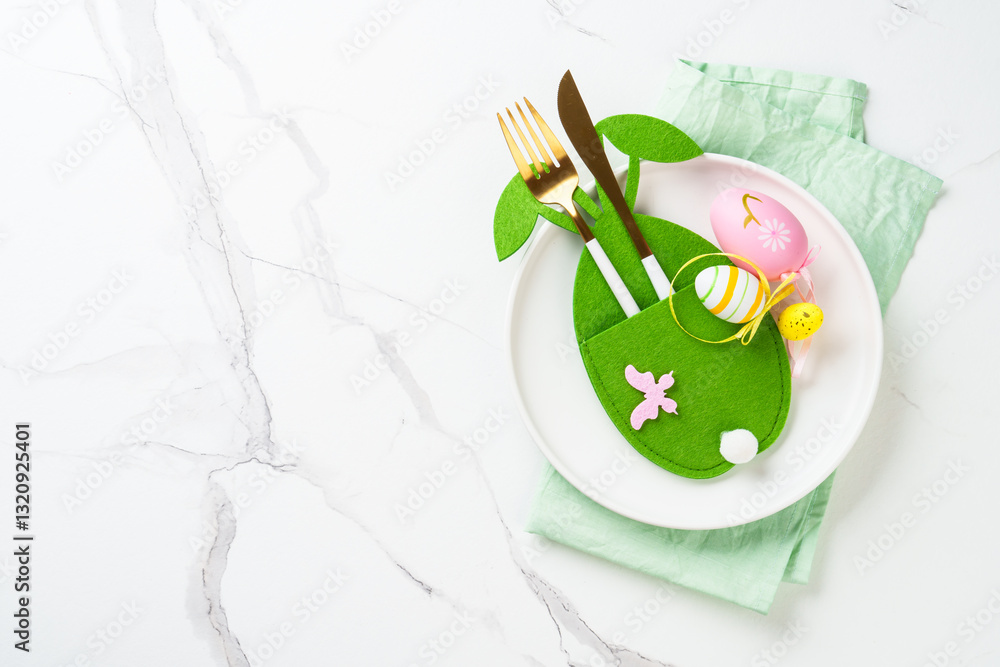 Easter table decor at white background.