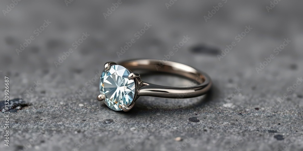 Solitaire diamond ring, elegantly displayed on gray, isolated, bridal Solitaire diamond ring, elegantly displayed on gray, isolated, bridal