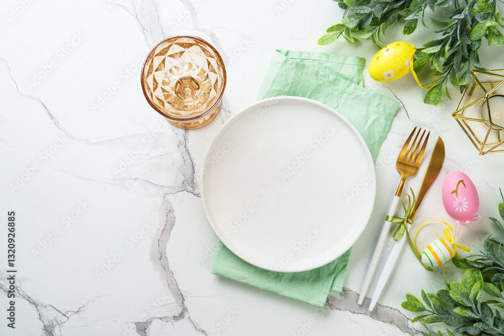 Easter food or table setting on white background.