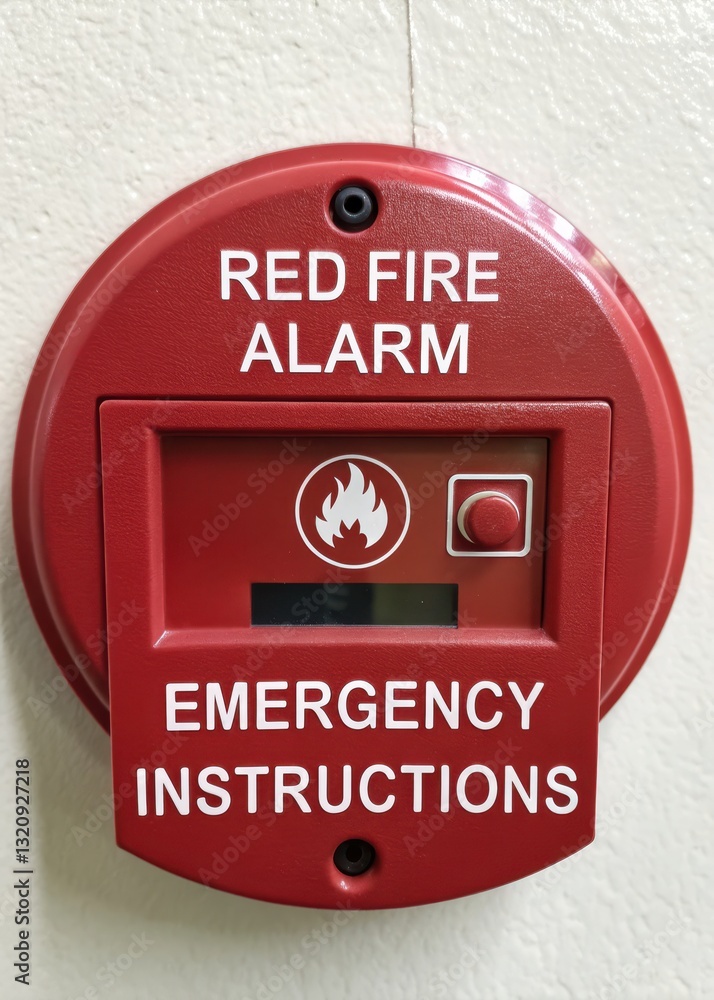 Fototapeta premium A red fire alarm with emergency instructions and a button, mounted on a wall for safety in case of fire emergencies.