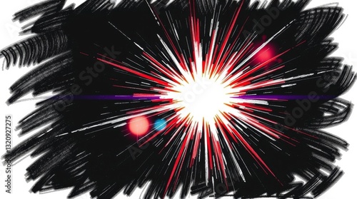 Hand-drawn sketch bright lens flare, intense jet black background