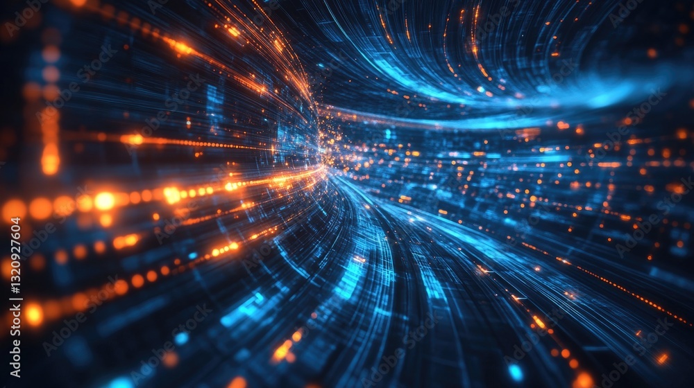 Abstract Digital Flow of Blue and Orange Light Particles in Motion Abstract Digital Flow of Blue and Orange Light Particles in Motion