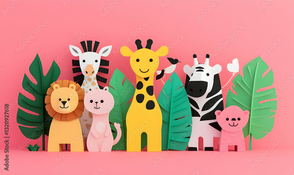 Naklejka premium Colorful Cartoon Animals Surrounded by Tropical Leaves on Pink Background