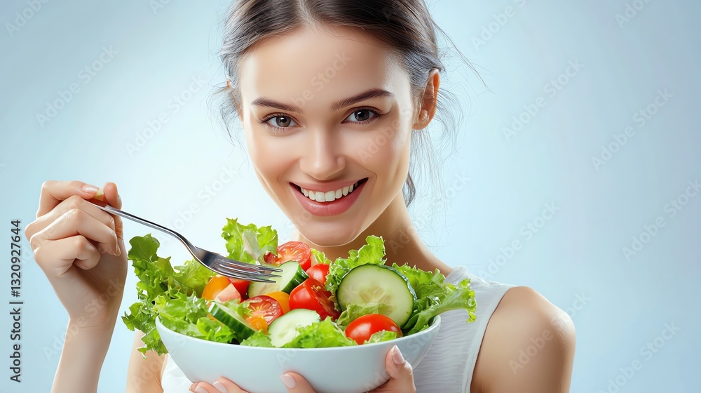 Smiling woman enjoying a fresh salad meal. Smiling woman enjoying a fresh salad meal.