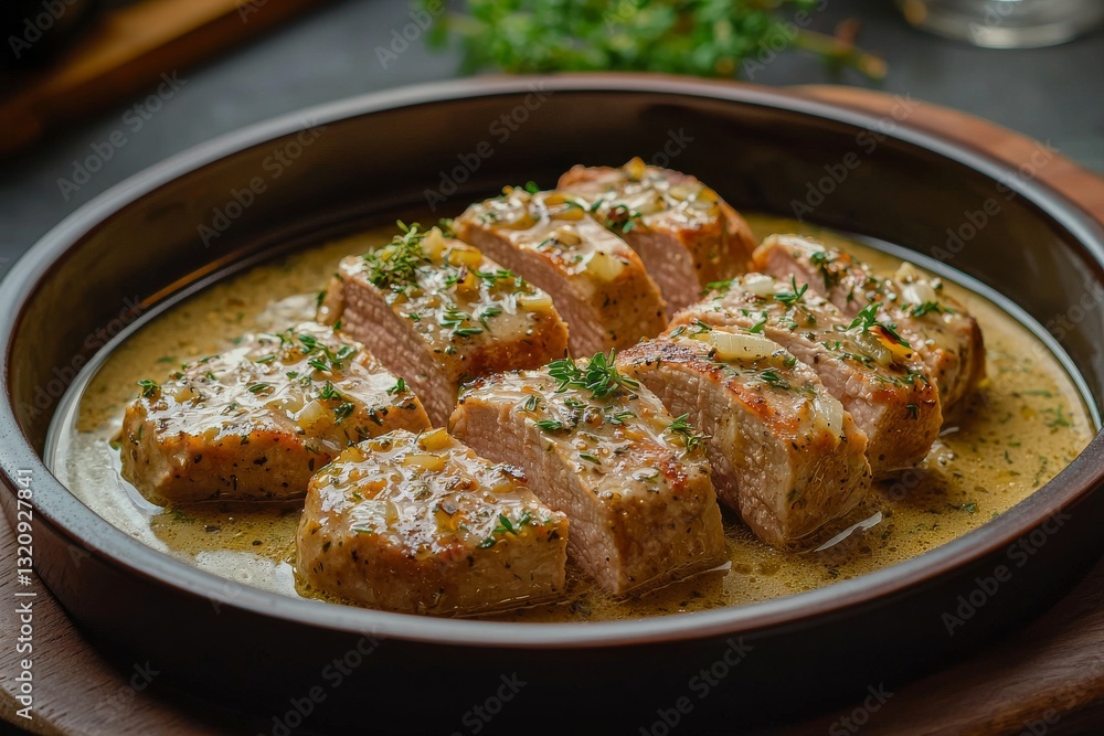 Sliced Pork Tenderloin in White Wine Sauce with Fresh Thyme Garnish Sliced Pork Tenderloin in White Wine Sauce with Fresh Thyme Garnish