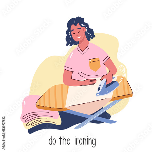 Happy woman ironing clothes using electric iron and board cartoon scene. Funny girl housewife doing housework job. Housekeeping routine, cartoon ironing action of young housekeeper vector illustration