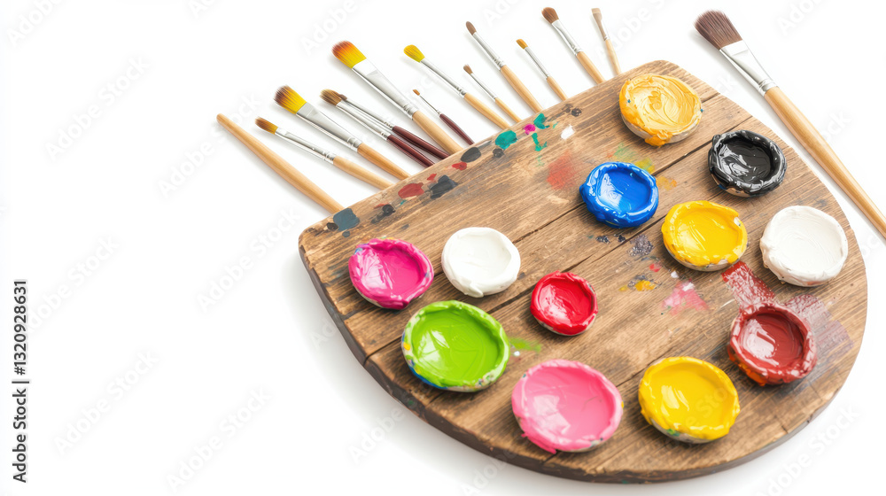 Naklejka premium Artist palette filled with vibrant colors and brushes for creative expression.