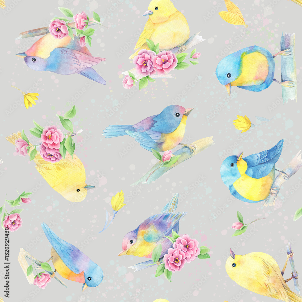 Watercolor Birds and Flowers Seamless Pattern. A delicate seamless pattern featuring beautifully hand-painted watercolor birds perched on branches, surrounded by soft pink roses and yellow blossoms. Watercolor Birds and Flowers Seamless Pattern. A delicate seamless pattern featuring beautifully hand-painted watercolor birds perched on branches, surrounded by soft pink roses and yellow blossoms.