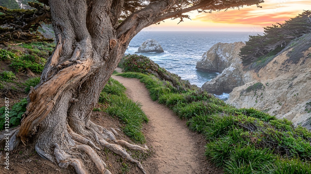 Scenic Coastal Pathway with a Majestic Tree at Sunset Scenic Coastal Pathway with a Majestic Tree at Sunset