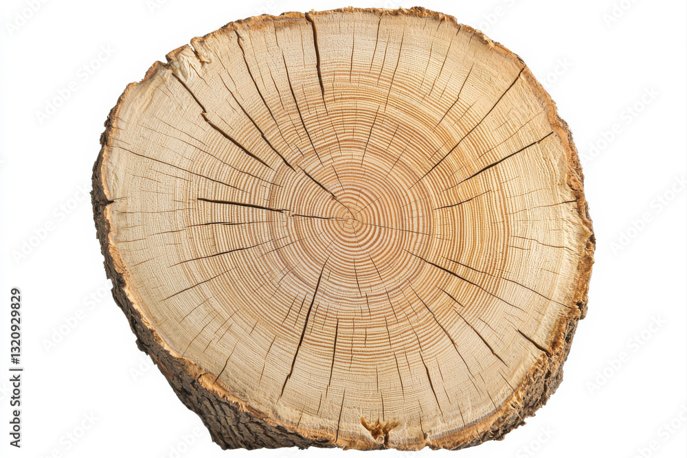 Fototapeta premium Close-up of a tree stump showing growth rings and natural wood texture. isolated on white background.